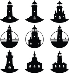 Obraz premium Silhouette Lighthouse Vector Set: Black Coastal Tower Designs
