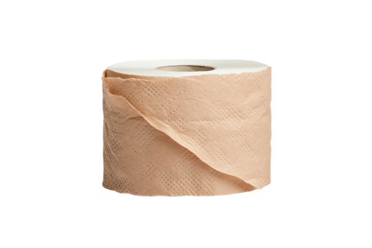 Roll of peach-colored toilet paper on a white isolated background, perfect for home and restroom decor.