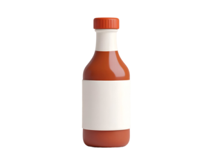 Hot sauce bottle with blank white label and orange cap, isolated on a black background, a versatile product mockup for branding and packaging design.