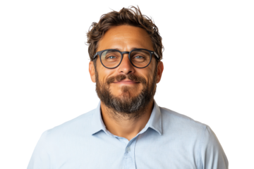 Smiling man with glasses, wearing a light blue shirt, gray hair, against a white isolated background.