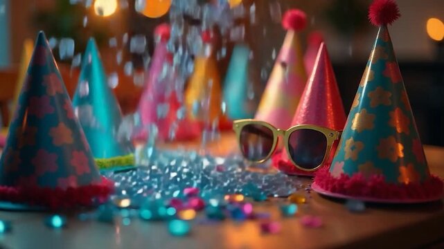 A colorful table setup with party hats and sunglasses, perfect for celebrations or themed events