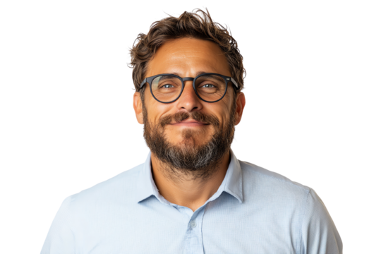 Smiling man with glasses, wearing a light blue shirt, gray hair, against a white isolated background.