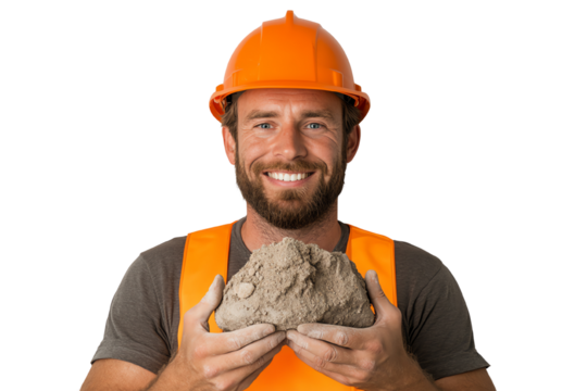 Smiling construction worker holding a rock, wearing an orange safety helmet and vest, isolated on a white background. - Powered by Adobe