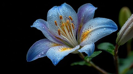 Close-up, vibrant blue lily with water droplets