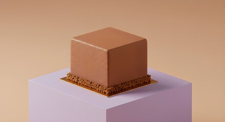 A velvety brown cube cake sits on a gold base atop a purple cube, simple and modern still life scene.