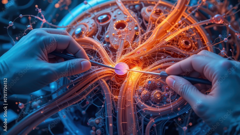 Wall mural hands experimenting with luminous energy source in a futuristic technological environment
