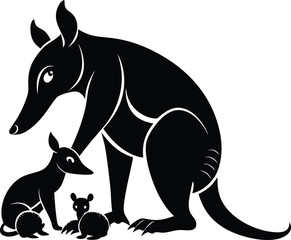 Black Silhouette of Aardvark Family: Vector Art Illustration
