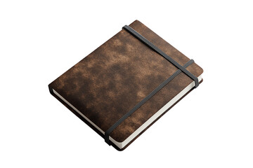 Stylish brown leather notebook with a black elastic band, isolated on a white background.
