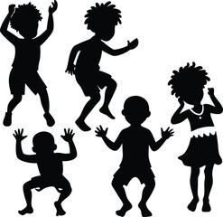 Black Silhouette Kids Dancing, Playful Poses, Vector Illustration