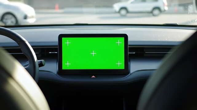 Car interior dashboard with green screen multimedia display, blank screen with tracking markers for video compositing and mockups.