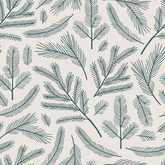 Christmas tree pine branches seamless pattern. Xmas hand drawn fir evergreen Scandinavian print for textile, wrapping paper, Christmas decorations. Nordic naive florals in simple winter ornament.