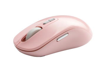 Stylish pink wireless mouse on a white isolated background, perfect for modern tech setups and trendy workspaces.