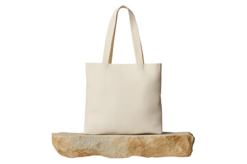 Stylish tote bag displayed on a stone, ideal for eco-friendly shopping or casual outings on a white isolate background.