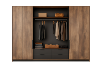 Stylish wardrobe with clothes and accessories on display, perfect for modern interior decor.