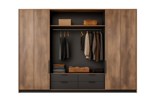 Stylish wardrobe with clothes and accessories on display, perfect for modern interior decor.