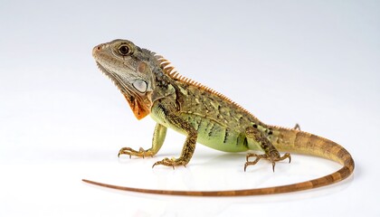 Naklejka premium A side profile shot of a vibrant green, orange, and brown lizard on a white, reflective surface. The lizard appears alert