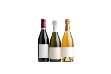 Three assorted wine bottles with blank labels on a white isolated background.