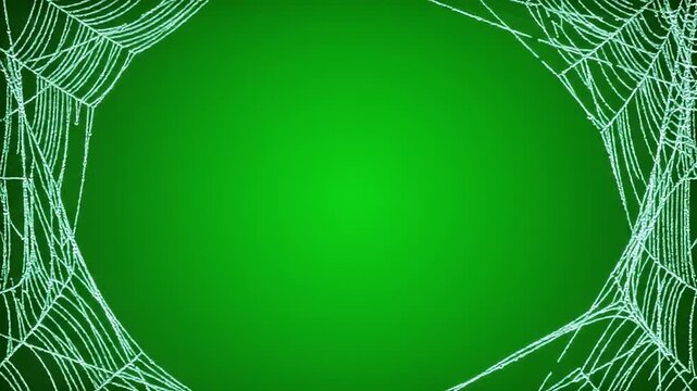 Spooky white spiderweb frame on vibrant green screen background. Perfect for Halloween, horror, and chroma key effects.