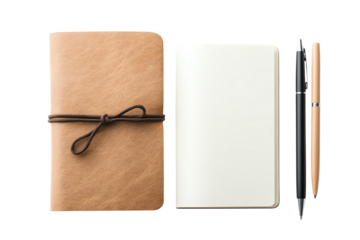 Two notebooks and pens on a white background, perfect for creative writing or journaling.