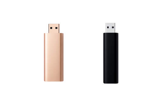 Two USB flash drives, one gold and one black, isolated on a white background for clear presentation.