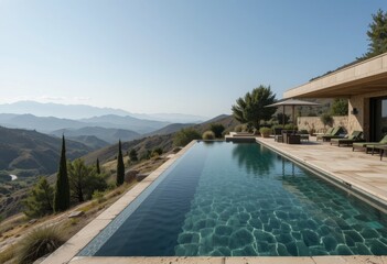 A stunning modern villa with an infinity pool overlooks rolling mountains under a clear blue sky, blending luxury with breathtaking natural scenery.
