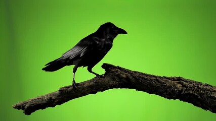 Black crow perched on a branch, isolated on a bright green screen background for easy chroma key compositing and digital effects