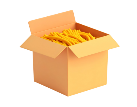3D render of a simple orange cardboard box filled with bright yellow tubular shapes, resembling stylized french fries, on a black background. - Powered by Adobe