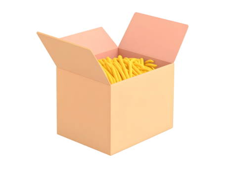 Open 3D rendered orange box filled with yellow stylized french fries. Snack food packaging isolated on black. - Powered by Adobe