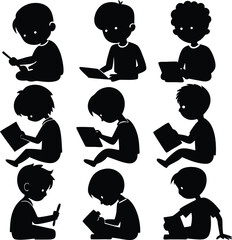 Silhouette Boys Reading Books and Tablets Collection Illustration