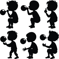 Silhouette Kids Blowing Bubbles: Playful Black & White Art