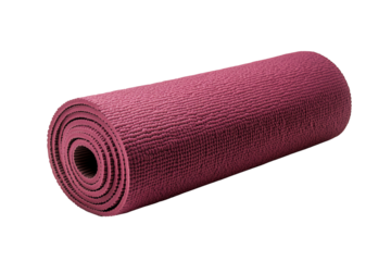 Yoga mat in deep maroon color, rolled and ready for practice on a white isolated background.