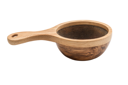 Wooden strainer with fine mesh, perfect for sifting and draining ingredients, isolated on white background.