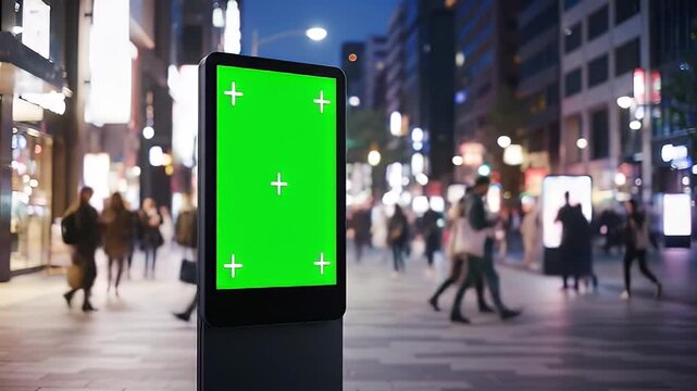 Green screen digital billboard with tracking markers on a busy city street at night, ideal for advertising and marketing chroma key video