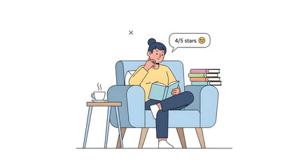 Fototapeta premium Woman reading a book in an armchair with a cup of coffee and a stack of books.