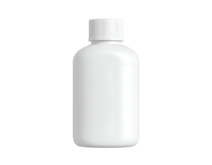 Blank White Plastic Bottle with Ribbed Screw Cap Isolated on Black Background. Empty Packaging for Cosmetic, Pharmaceutical, or Chemical Products Mockup.