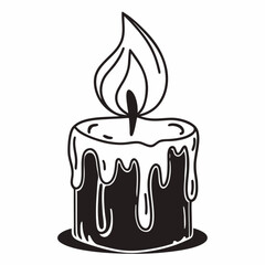 Minimilist illustration of a burning candle with dripping wax in black and white line art style design element vector