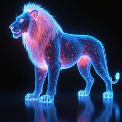 Digital wireframe lion illustration sci-fi theme. Neon glowing, futuristic, holographic animal with technology connection. Cybernetic art on black background with reflection.