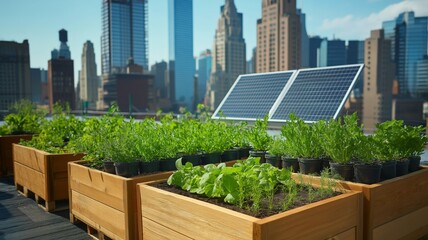 Fototapeta premium Urban rooftops transform into sustainable green spaces with solar energy and vertical gardening