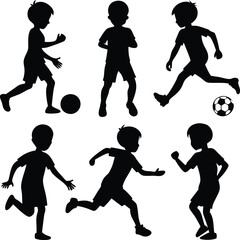 Black Silhouette Soccer Kids: Action Poses, Vector Illustration