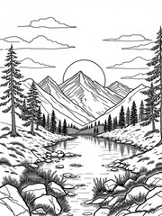 Minimilist black and white outline drawing of a mountain landscape with a river and trees in the foreground vector
