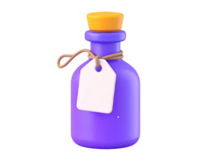 3D Render Purple Potion Bottle with Orange Cork and Blank White Tag, Cartoonish Elixir Container Isolated