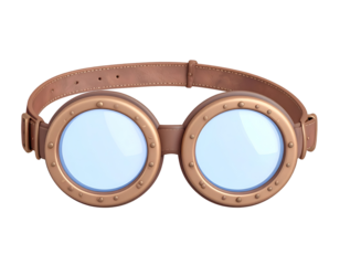 Brown leather steampunk goggles with brass frames and clear lenses, isolated on a black background.