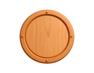 Round Wooden Shield Icon, Blank Wooden Sign Board with Rivets, Empty Rustic Wood Plaque 3D Render