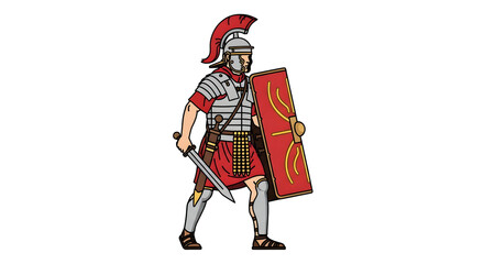 Illustration of a Roman soldier with sword and shield.