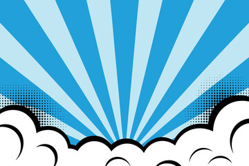 Abstract Blue Burst Comic Background with Clouds and Radial Rays