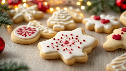 Homemade decorated assorted holiday sugar cookies selective focus