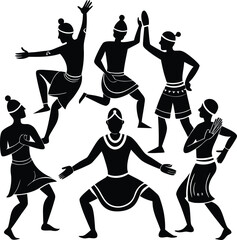 Silhouetted Dancers in Traditional Attire: Black and White Art