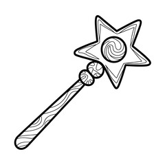 A simple black and white line art illustration of a magical star wand, ideal for coloring pages and fantasy designs.