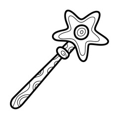Cartoon magic wand with a star top, an outline illustration for a children's coloring book page, isolated vector graphic.