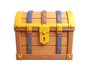 3D Render of Stylized Wooden Treasure Chest with Gold Lock and Metal Straps Isolated on Black Background